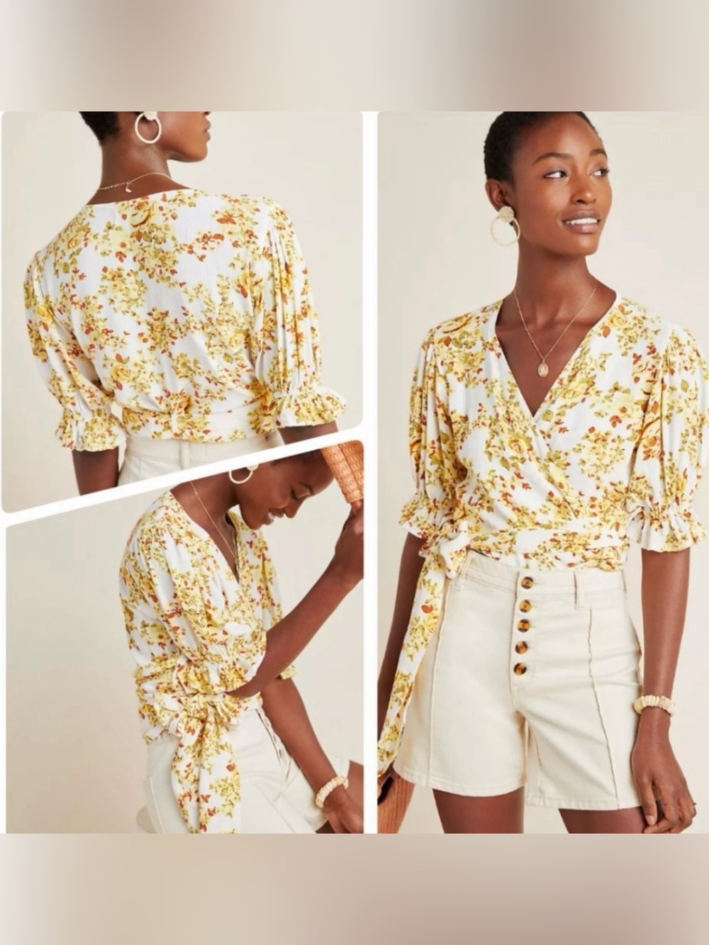 Faithfull the Brand Mali Wrap Top in Off White Goldie Floral Size XS